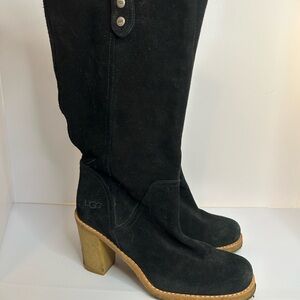 UGG Black Suede Knee-High Heeled Boots with Wood Block Heel